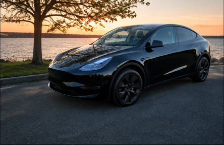 Craig's black Tesla Model Y beside the waterfront at sunset